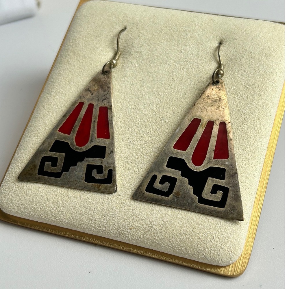 Vintage Mexico Silver Tone Triangle Inlay Earrings Red Black Aztec Geometric